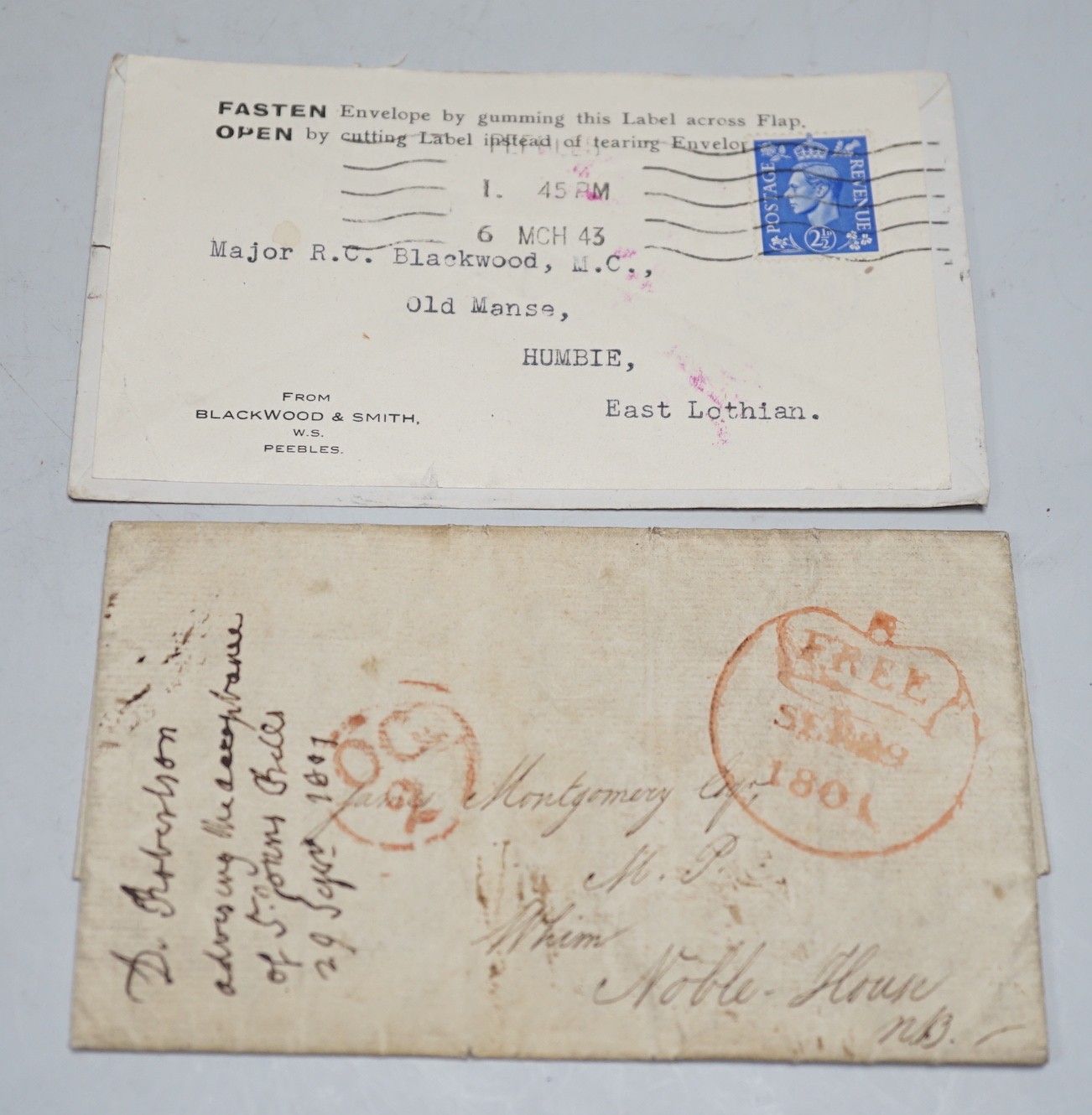 Stamps: An early 19th century apple shape postal mark 1801 and an interesting war time re-used penny red cover